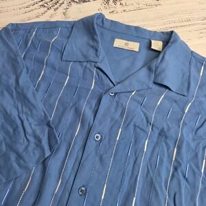 Bobby Chan Embroidered Silk Rayon Shirt Short Sleeve Blue Size XXL Discoloration